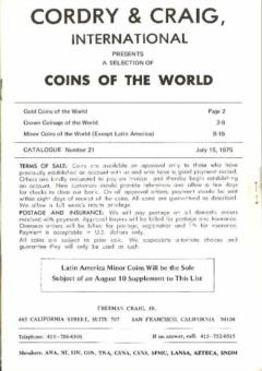 Cordry & Craig, International July 15,1975: Catalog #21 - Coins of the World